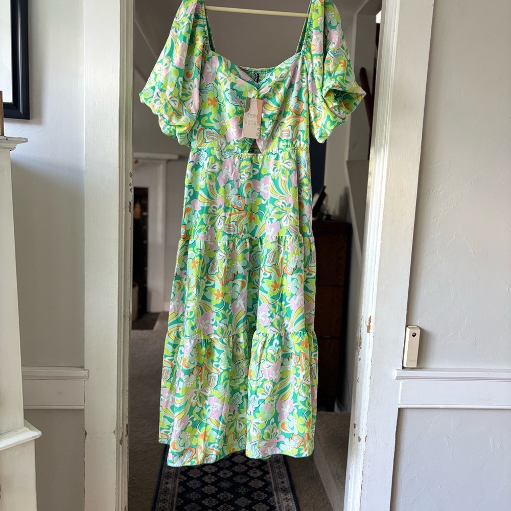 Vibrant Floral Midi Dress in Green and Pink